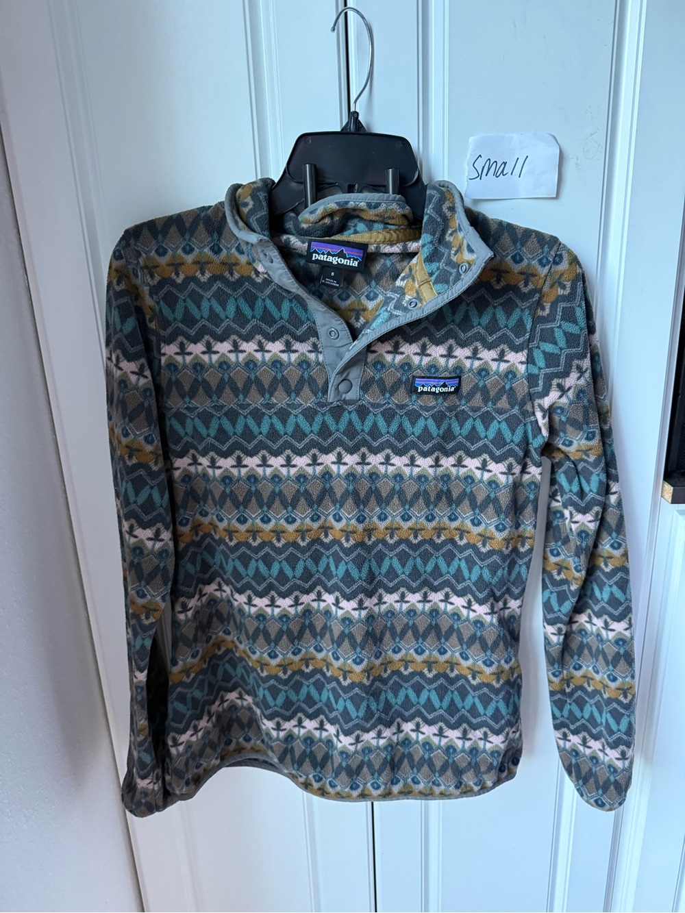 Patagonia Printed Snap-T Fleece Pullover - Teal, Mustard & Gray, small, (i2)